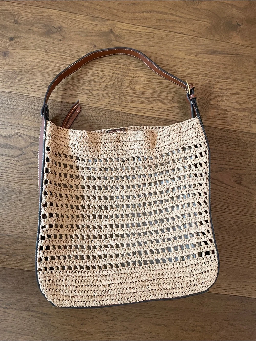 Mango Woven Straw Hobo Bag with Brown Leather Trim CB CB - Picture 8 of 14